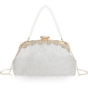 ⚡ Women's Silver Fabric Lace Pearl Chain Rhinestones Shoulder Clutch Bag